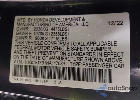 2022 Honda Accord Sport from USA, damaged, VIN 1HGCV1F31NA117689
